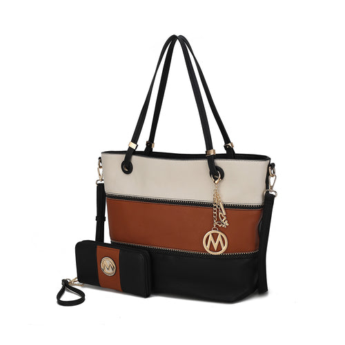 Vallie Color-Block Vegan Leather Women Tote Bag with Matching Wallet