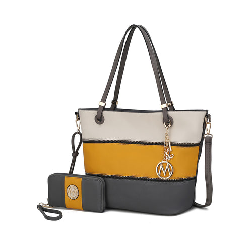 Vallie Color-Block Vegan Leather Women Tote Bag with Matching Wallet