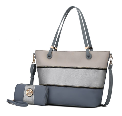 Vallie Color-Block Vegan Leather Women Tote Bag with Matching Wallet