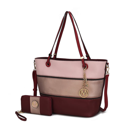 Vallie Color-Block Vegan Leather Women Tote Bag with Matching Wallet