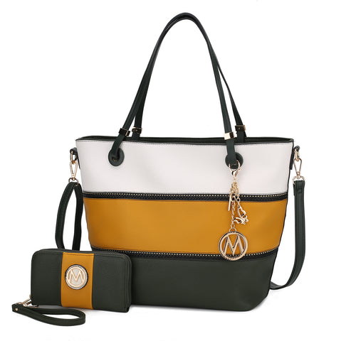 Vallie Color-Block Vegan Leather Women Tote Bag with Matching Wallet