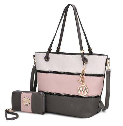 Vallie Color-Block Vegan Leather Women Tote Bag with Matching Wallet