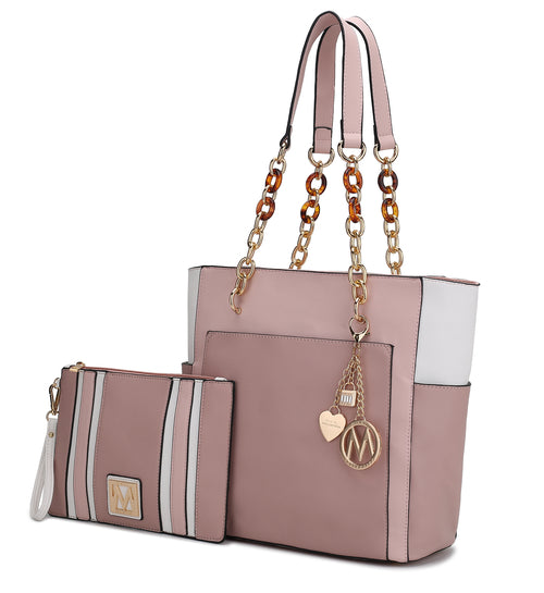 Rochelle Vegan Color Block Vegan Leather Women Tote Bag with Wristlet