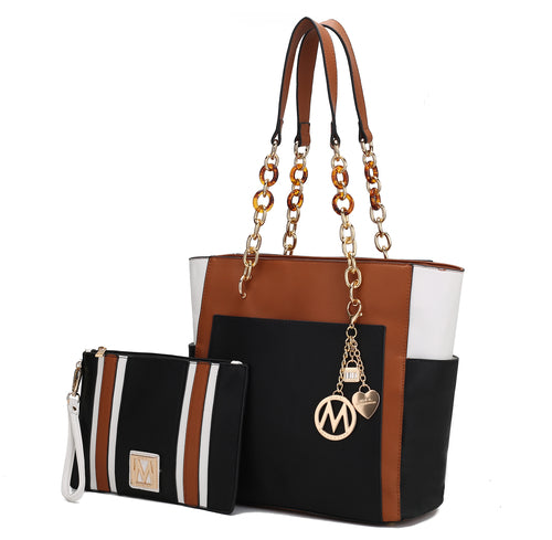 Rochelle Vegan Color Block Vegan Leather Women Tote Bag with Wristlet