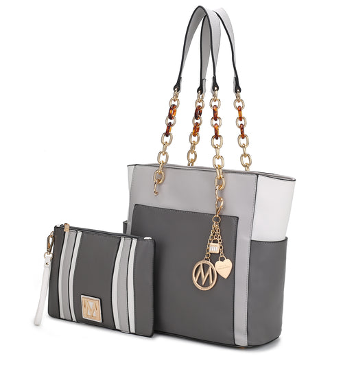 Rochelle Vegan Color Block Vegan Leather Women Tote Bag with Wristlet