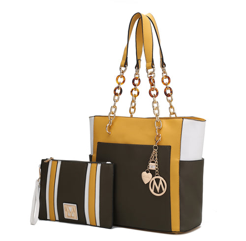 Rochelle Vegan Color Block Vegan Leather Women Tote Bag with Wristlet