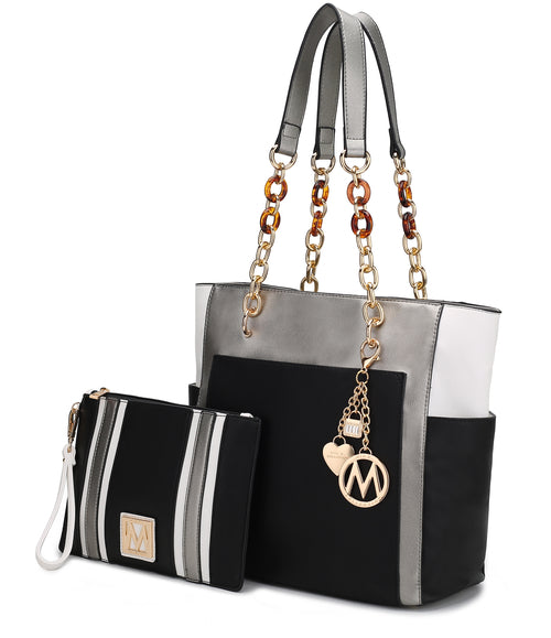 Rochelle Vegan Color Block Vegan Leather Women Tote Bag with Wristlet