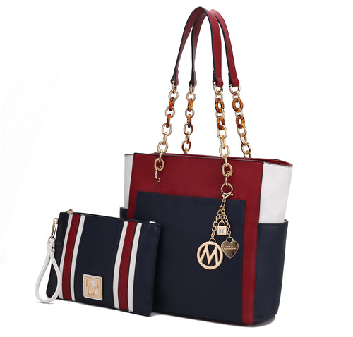 Rochelle Vegan Color Block Vegan Leather Women Tote Bag with Wristlet