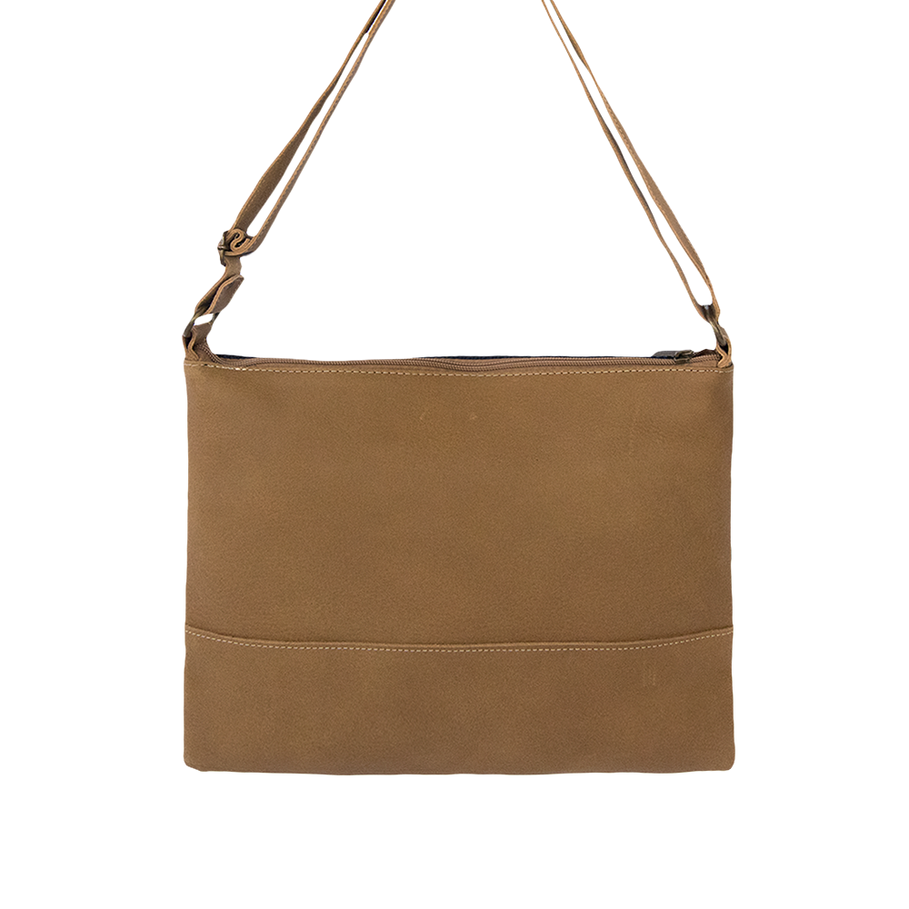 Cross-Body Bag in Camel Leather with Blue Stripe.