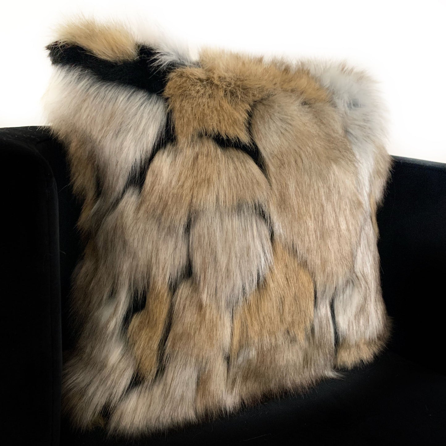 Plutus Taupe, Black Wild Wolf Animal Faux Fur Luxury Throw Pillow