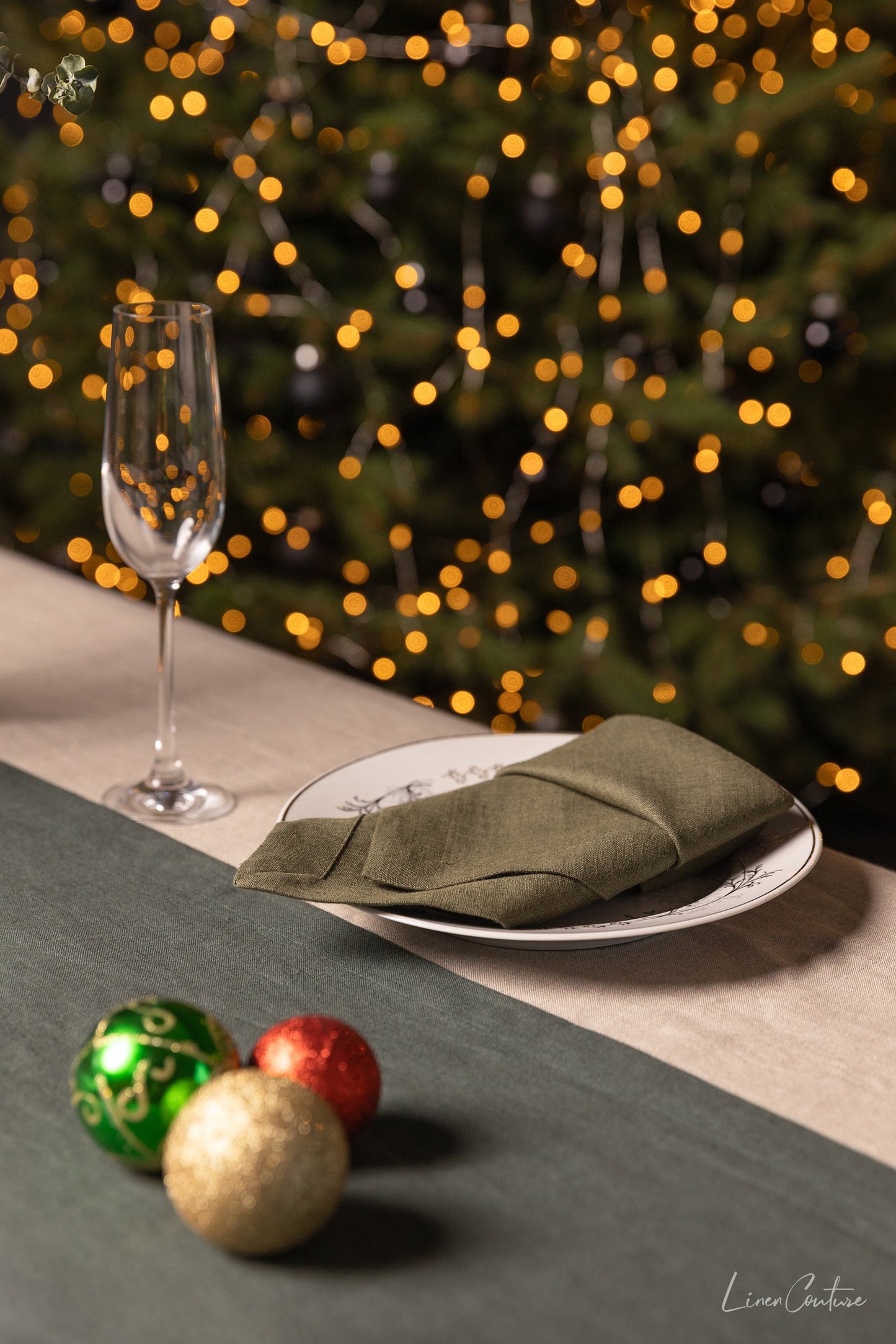Christmas Moss Green Linen Dinner Napkins