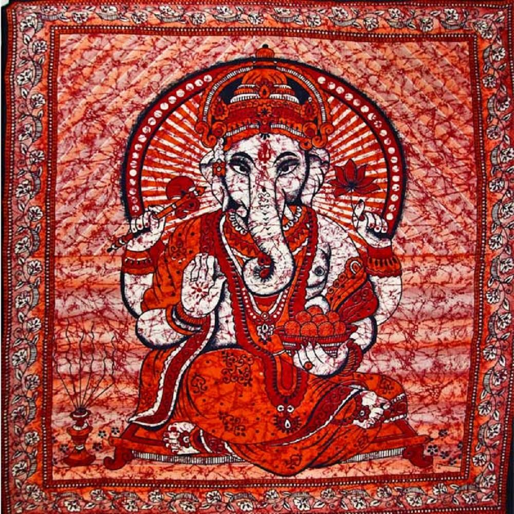 Red Ganesha Holding Lotus Flower In Batik Style Tie Dye Tapestry