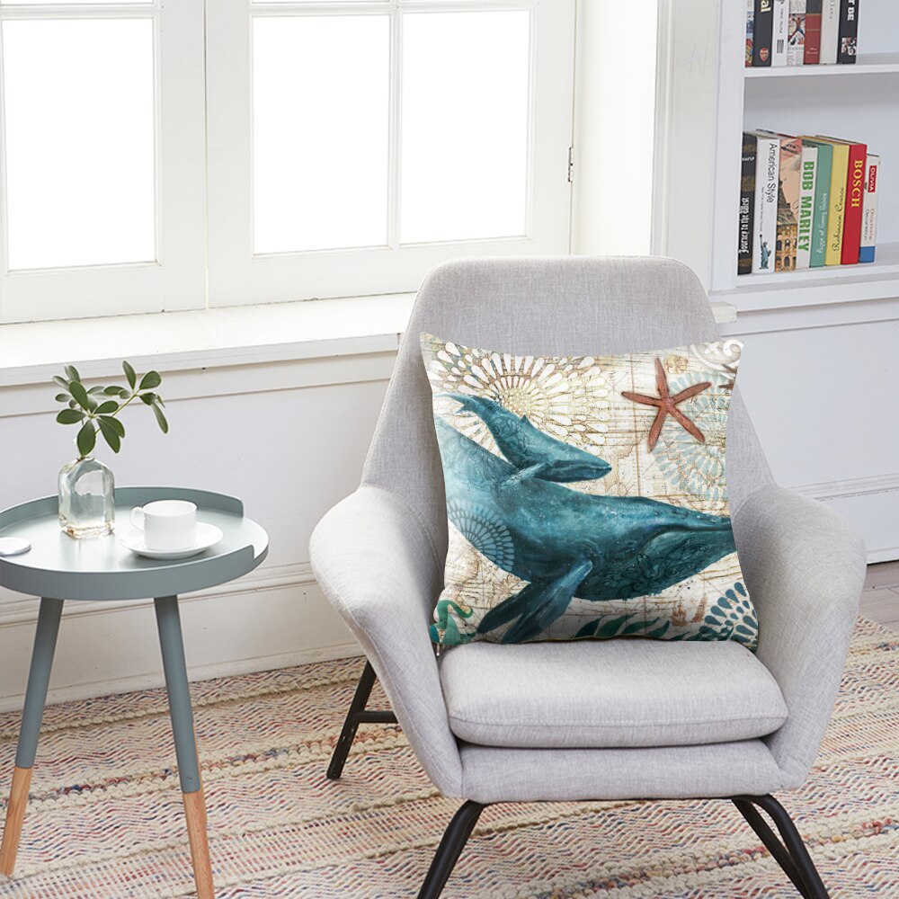 Sea Turtle Printed Cushion Cover Cotton Linen