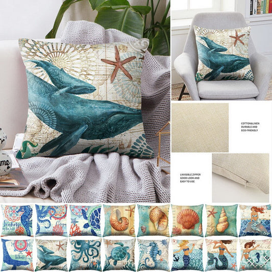 Sea Turtle Printed Cushion Cover Cotton Linen