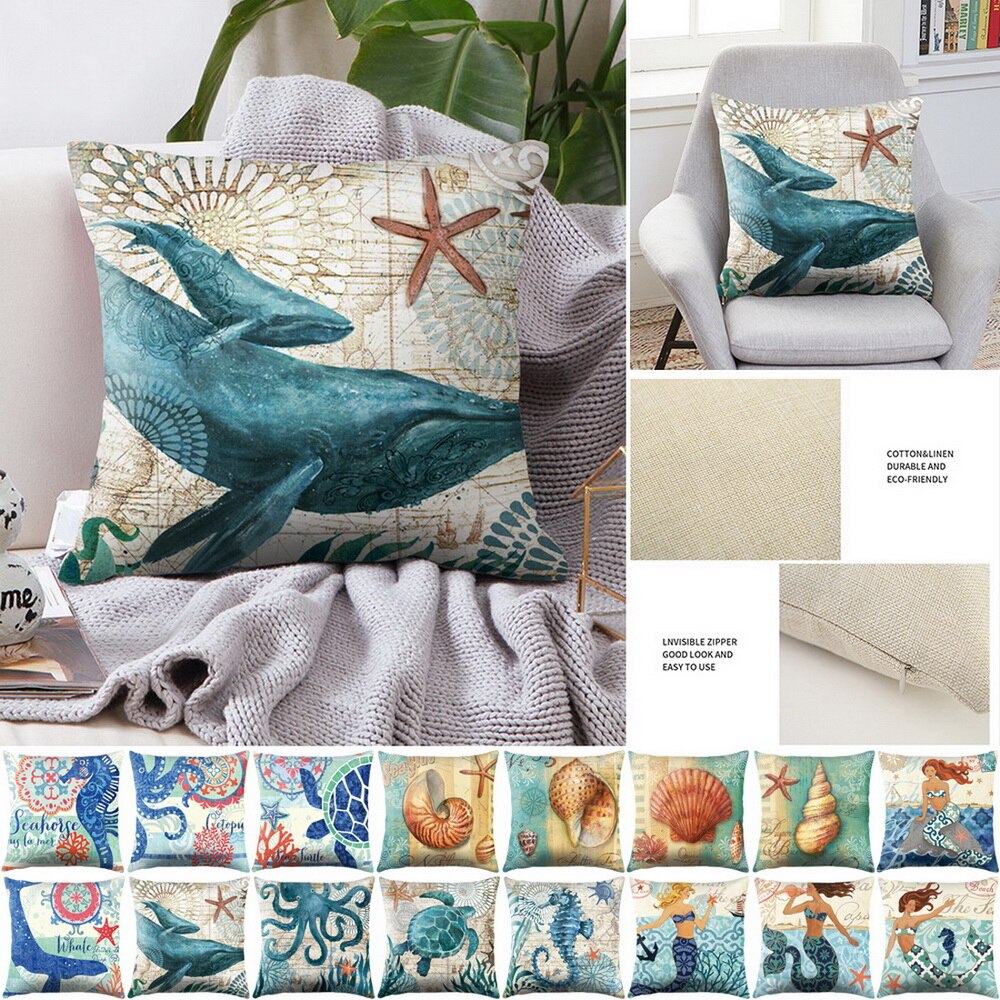 Sea Turtle Printed Cushion Cover Cotton Linen
