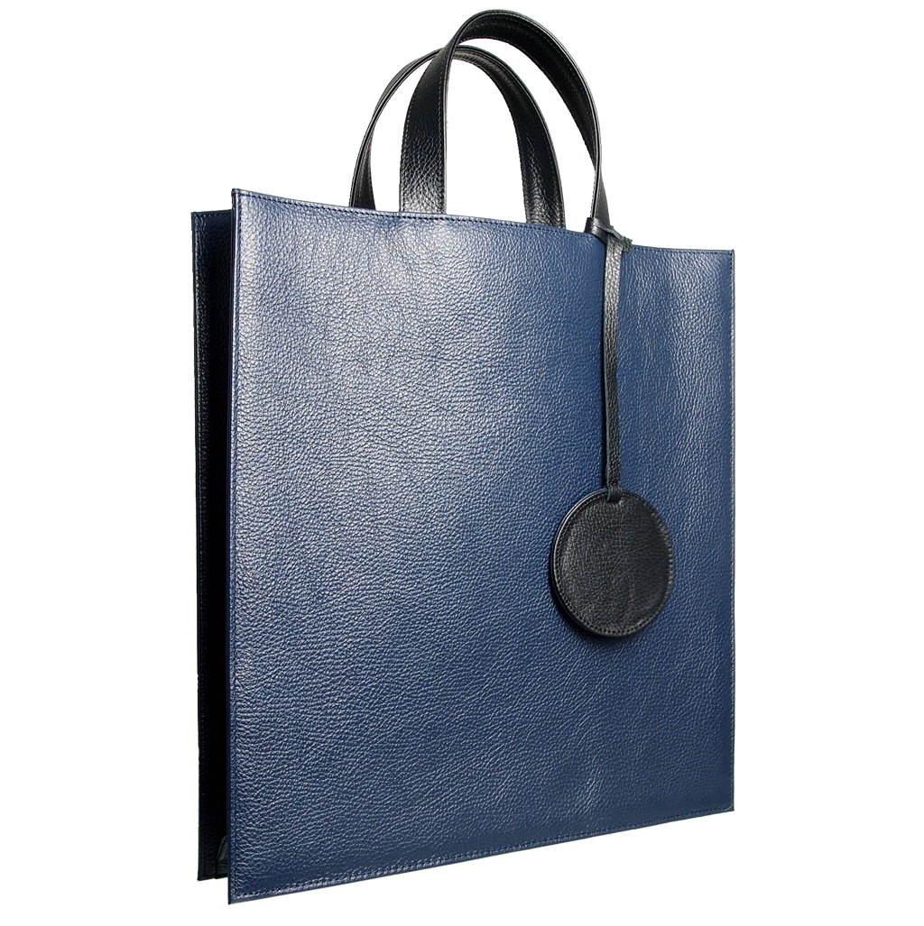 Pebbled Leather Briefcase Tote Bag Navy