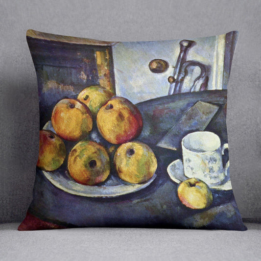 Still life with a bottle and apple cart by Cezanne Cushion