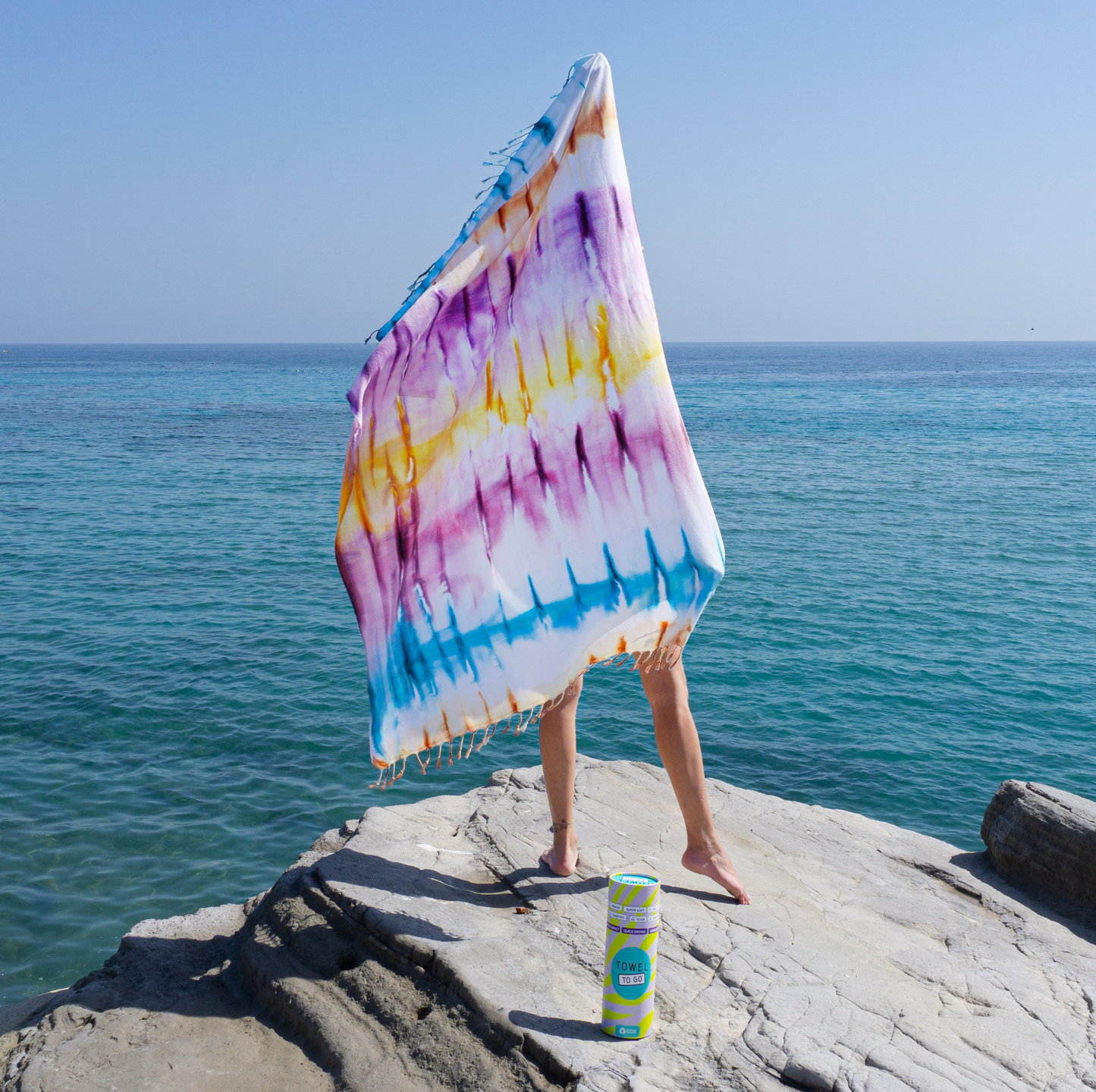 Tie Dye Beach Towel Stripe with Recycled Gift Box, Purple, Blue