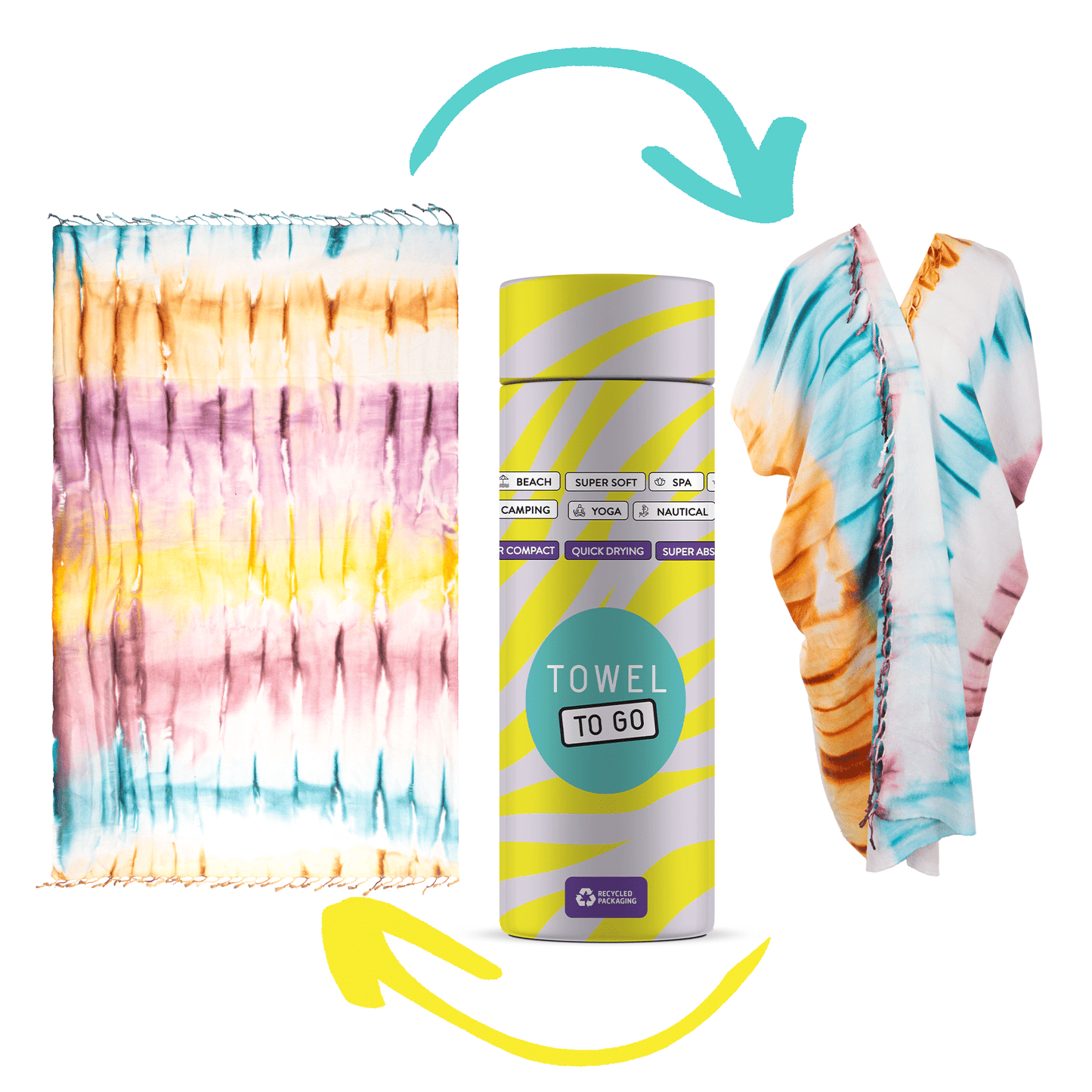 Tie Dye Convertible Towel Kimono with Recycled Gift Box, Purple, Blue
