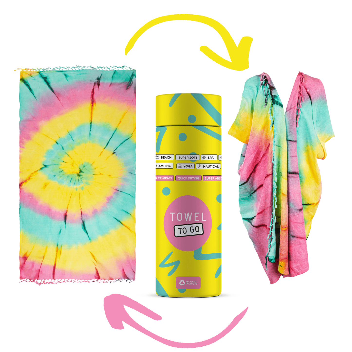 Tie Dye Convertible Towel Kimono with Recycled Gift Box, Pink, Green