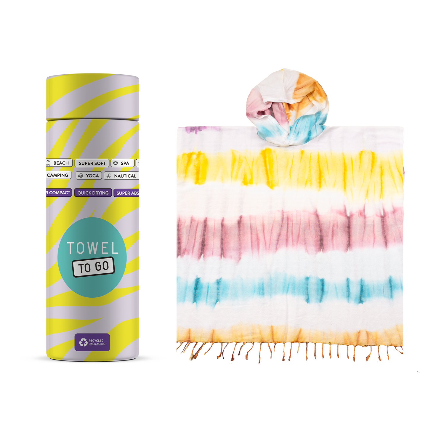 Tie Dye Hooded Beach Poncho with Recycled Gift Box, Purple, Blue