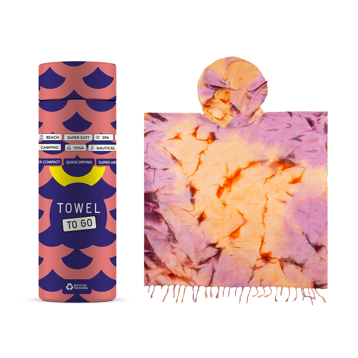 Tie Dye Hooded Beach Poncho with Recycled Gift Box, Purple, Orange