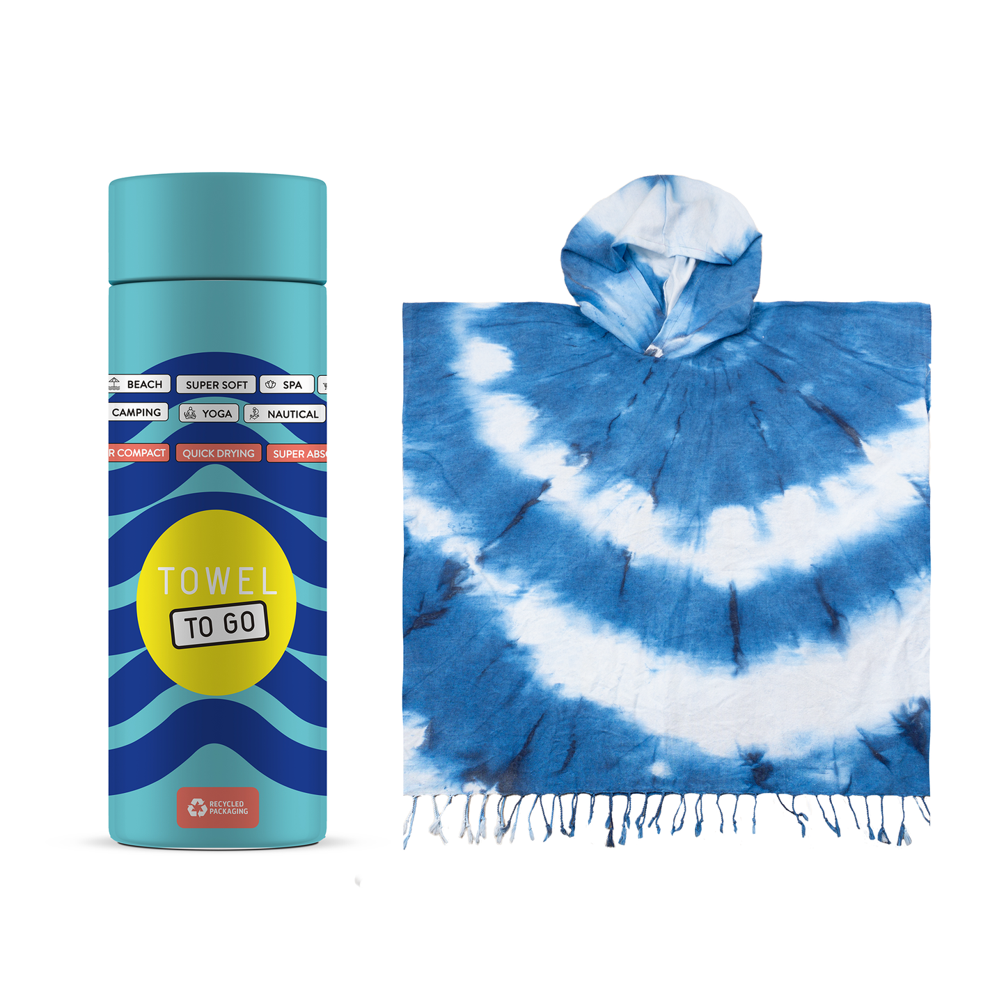Tie Dye Hooded Beach Poncho with Recycled Gift Box, Blue, White
