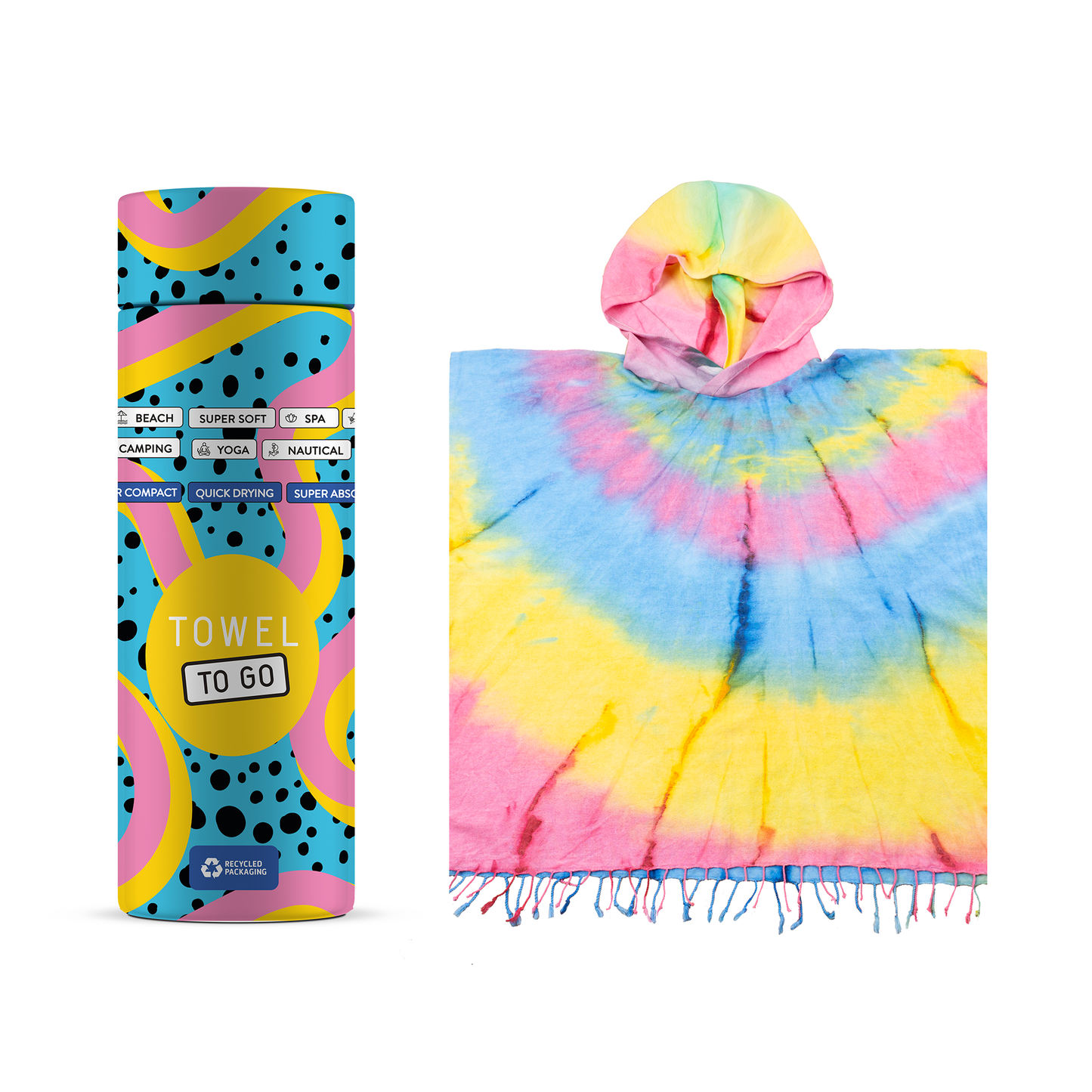 Tie Dye Hooded Beach Poncho with Recycled Gift Box, Blue, Yellow