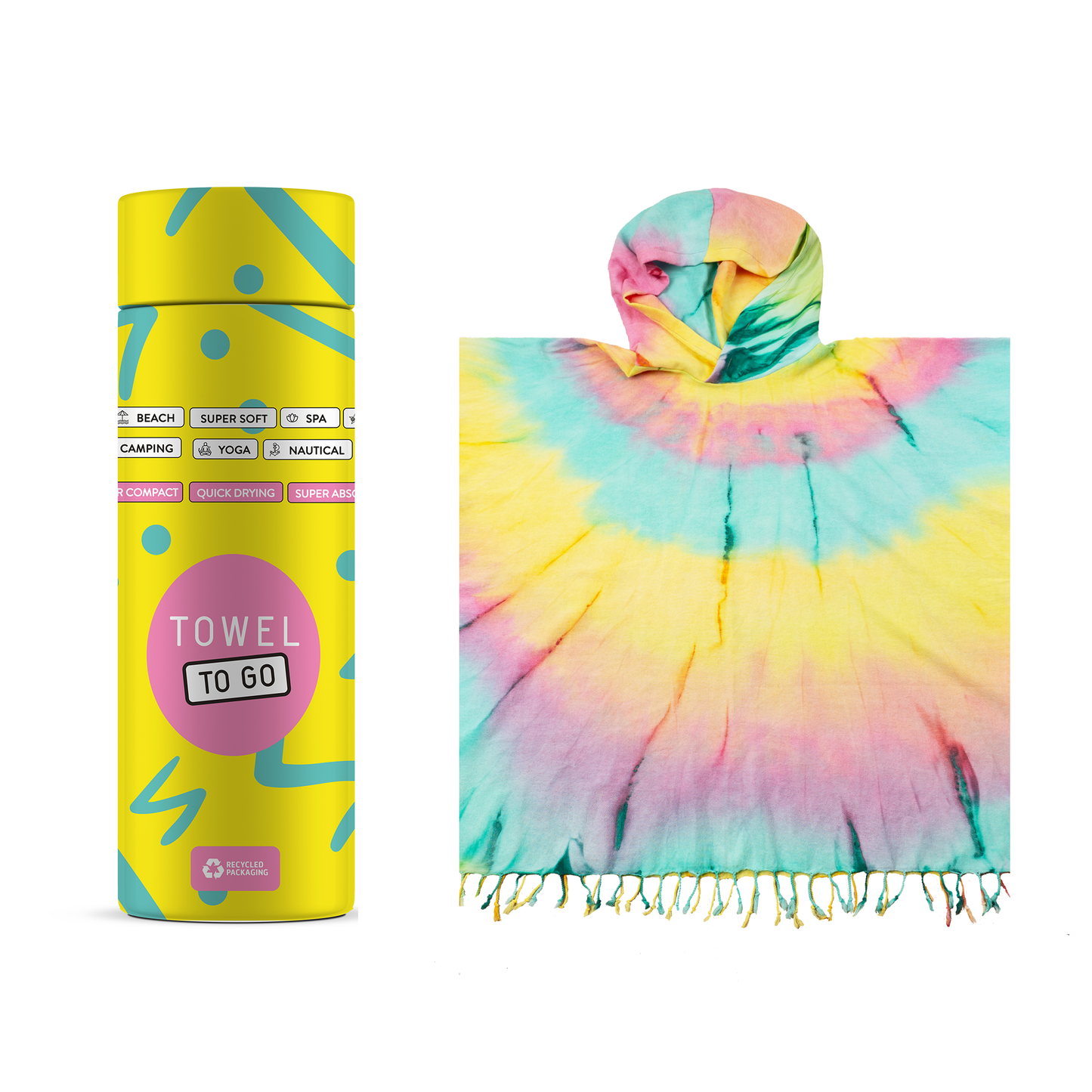 Tie Dye Hooded Beach Poncho with Recycled Gift Box, Pink, Green
