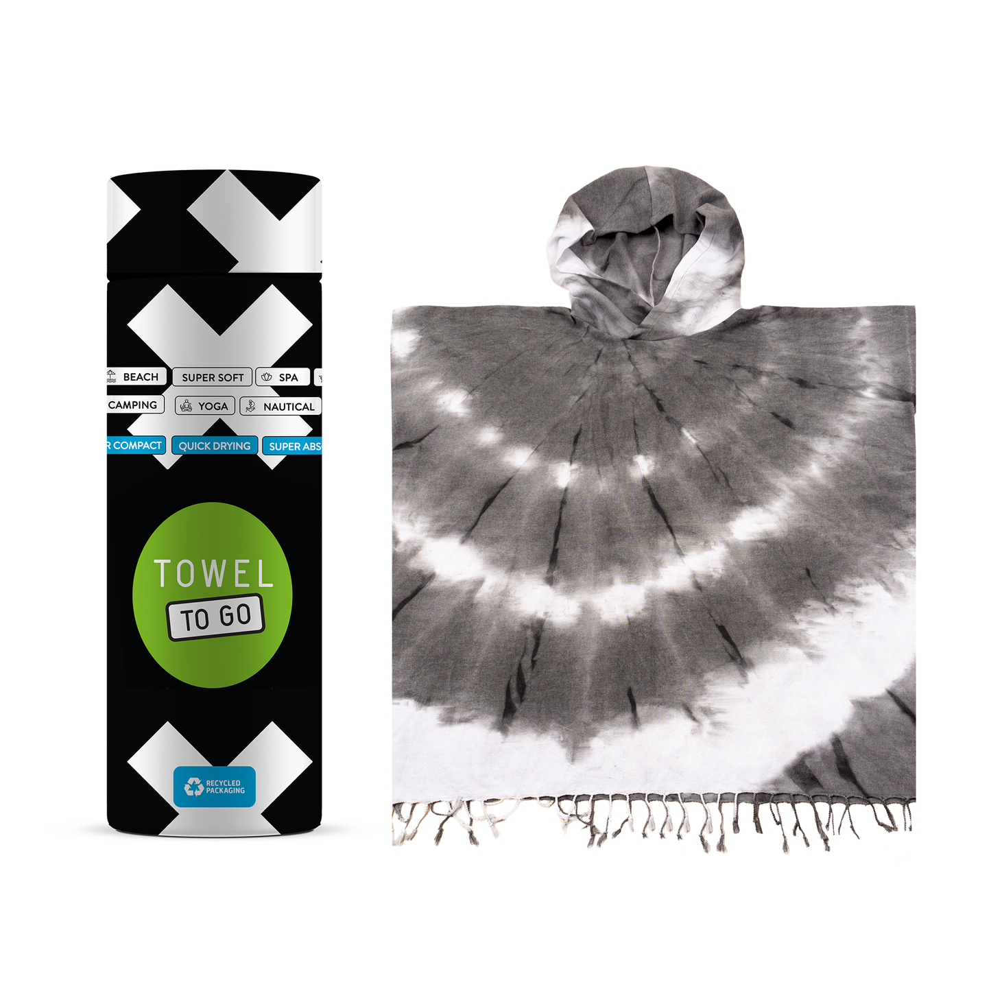 Tie Dye Hooded Beach Poncho with Recycled Gift Box, Black, White