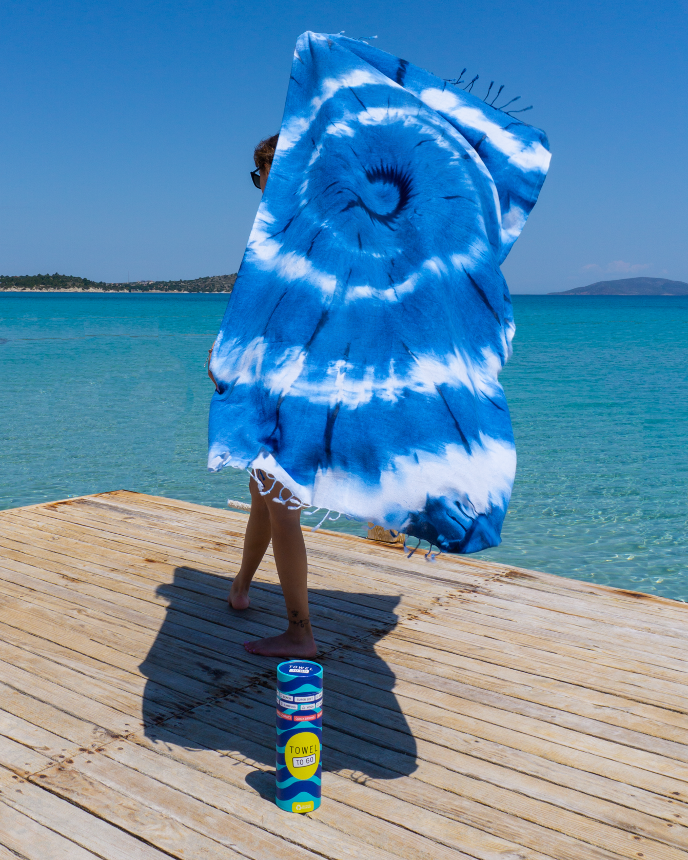 Tie Dye Convertible Towel Kimono with Recycled Gift Box, Blue, White