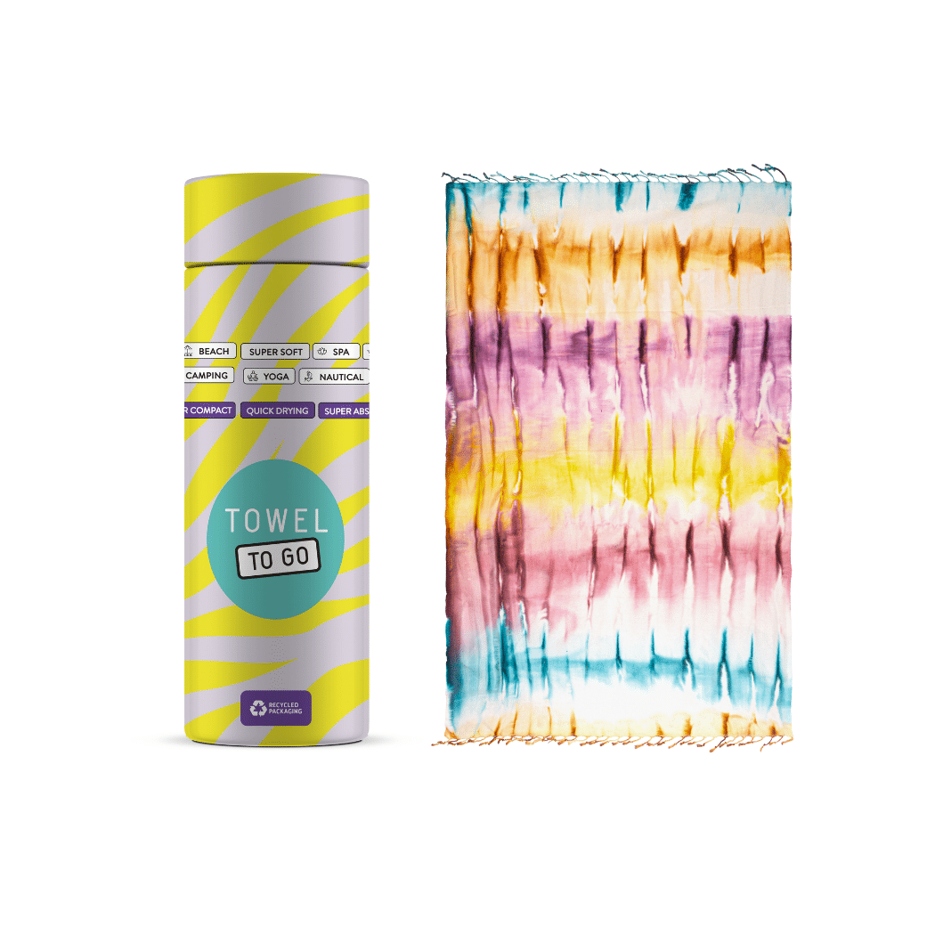 Tie Dye Beach Towel Stripe with Recycled Gift Box, Purple, Blue