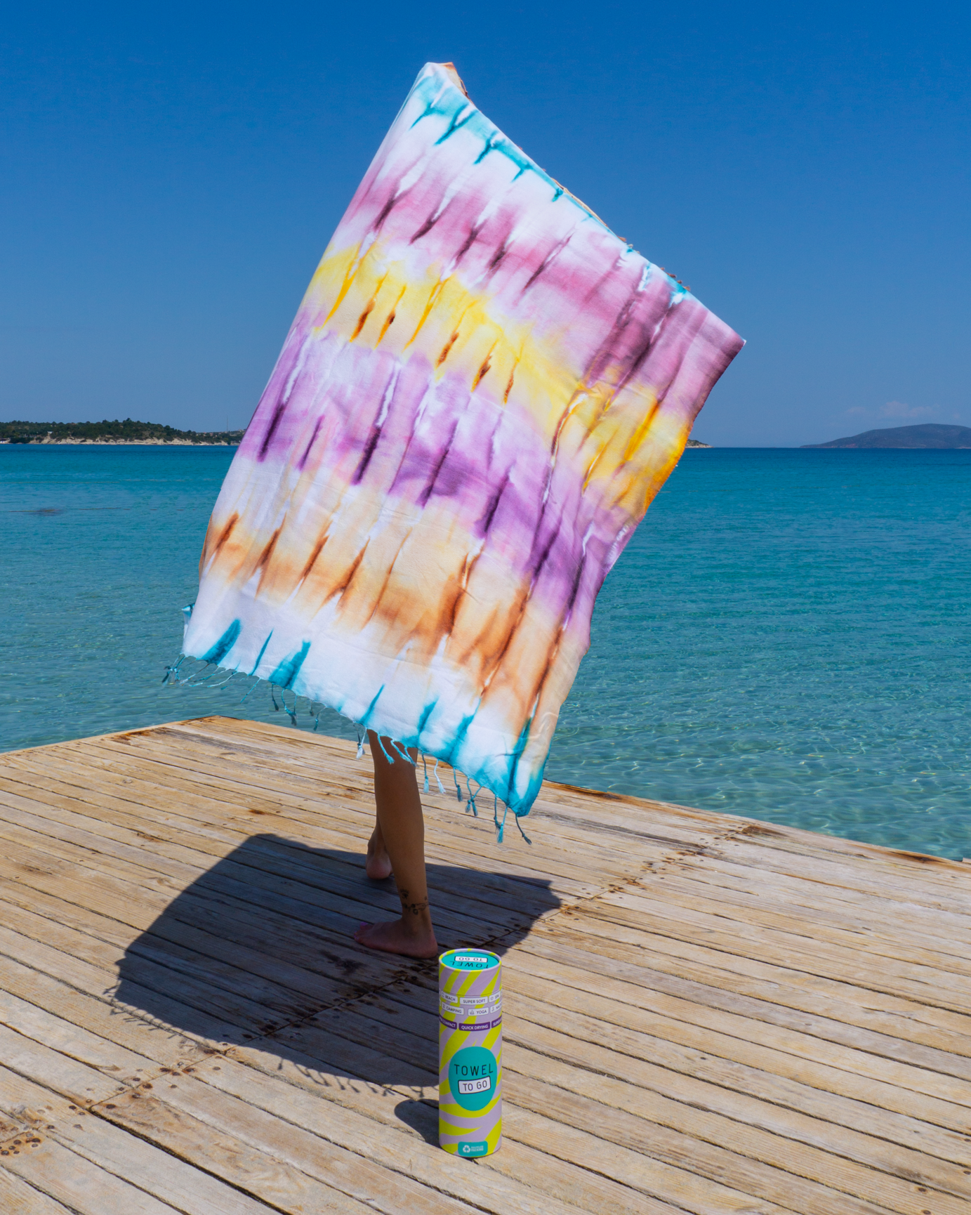 Tie Dye Beach Towel Stripe with Recycled Gift Box, Purple, Blue