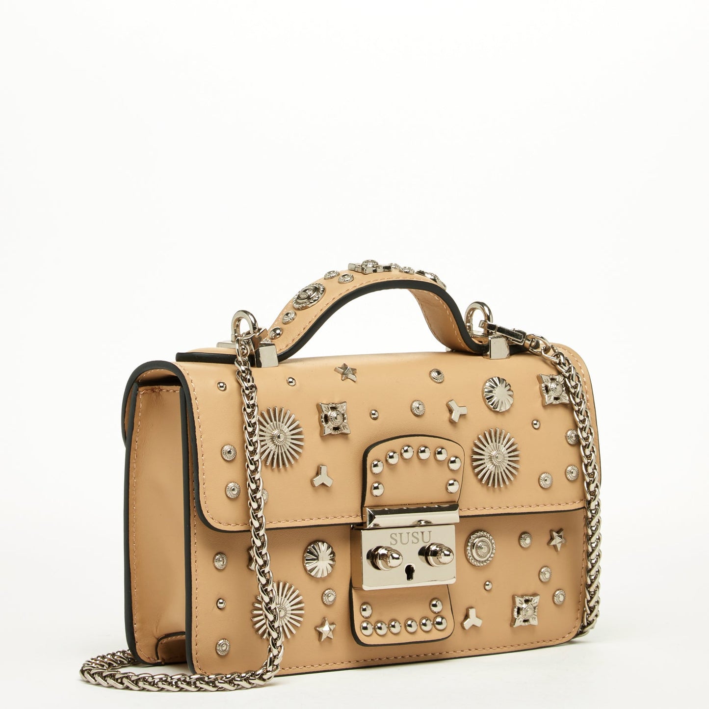 SUSU Small Leather Crossbody Bag Studded Dark Beige Tan Purse  Women's