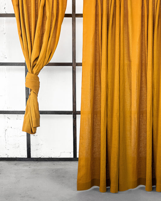 Mustard linen curtain with multifunctional heading tape