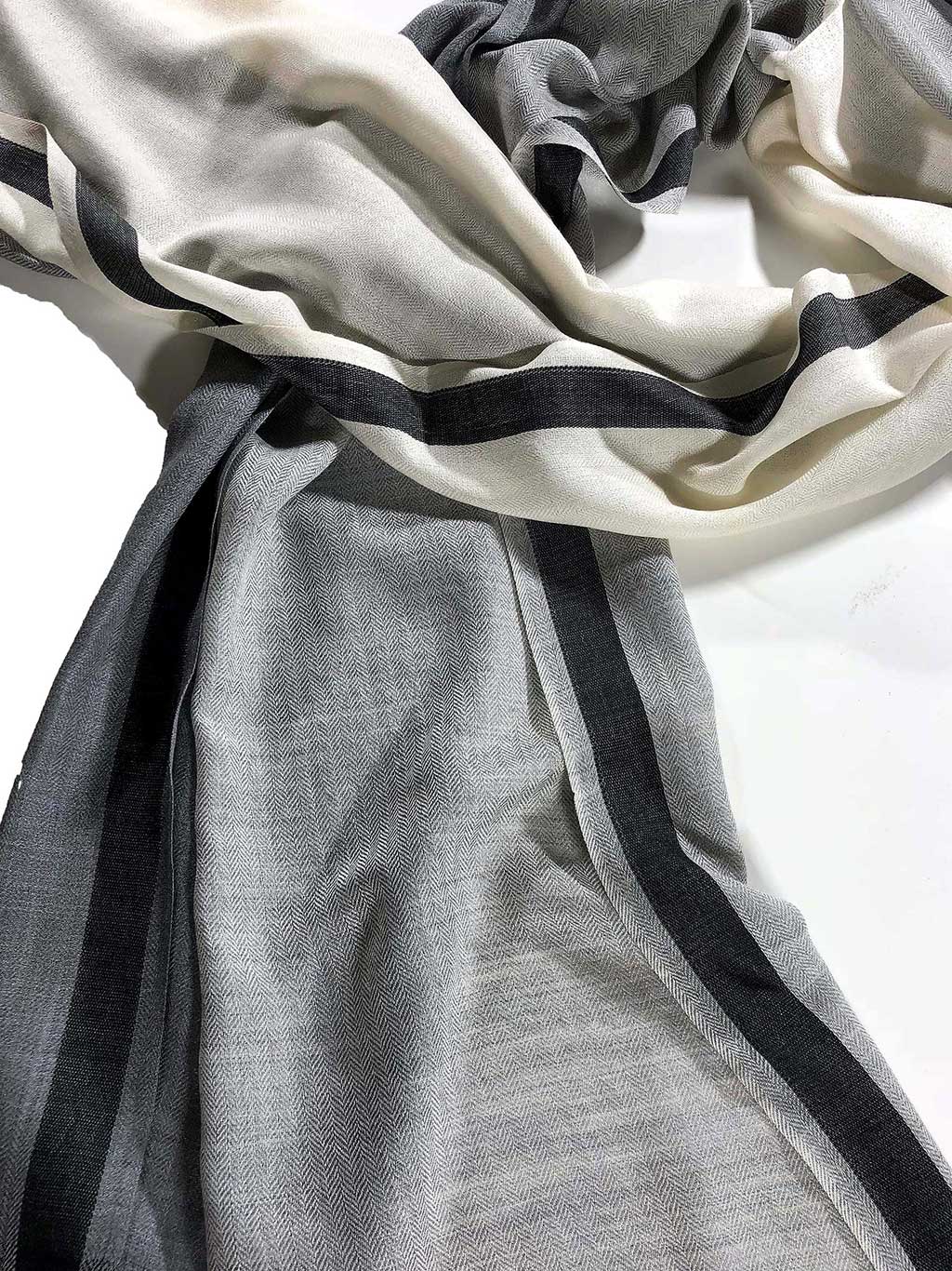 Black and White Ombre Herringbone Wool and Silk Scarf