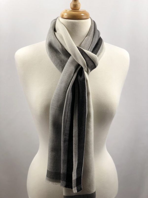 Black and White Ombre Herringbone Wool and Silk Scarf