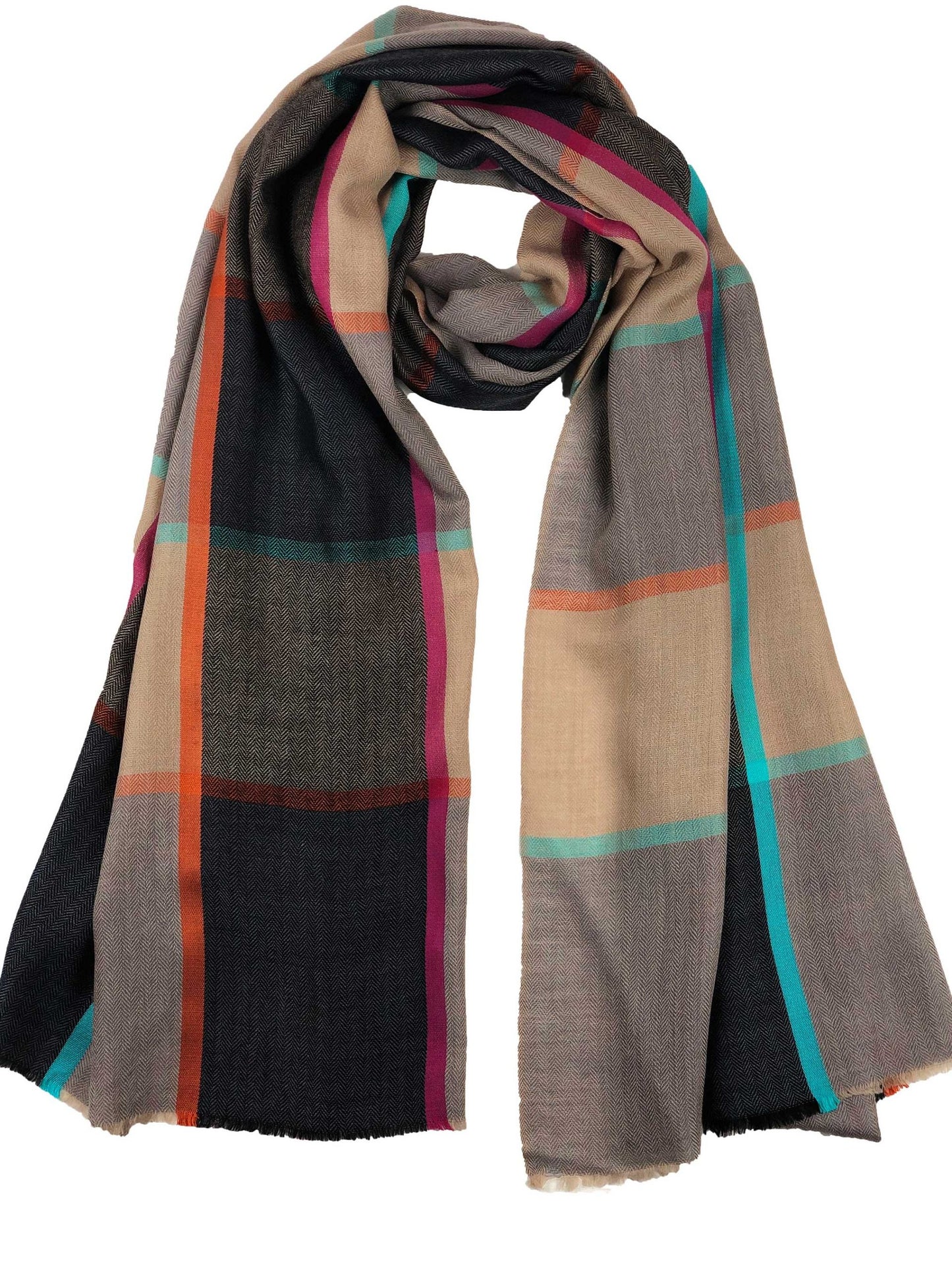 Blue and Beige Classic Wool & Silk Plaid Scarf