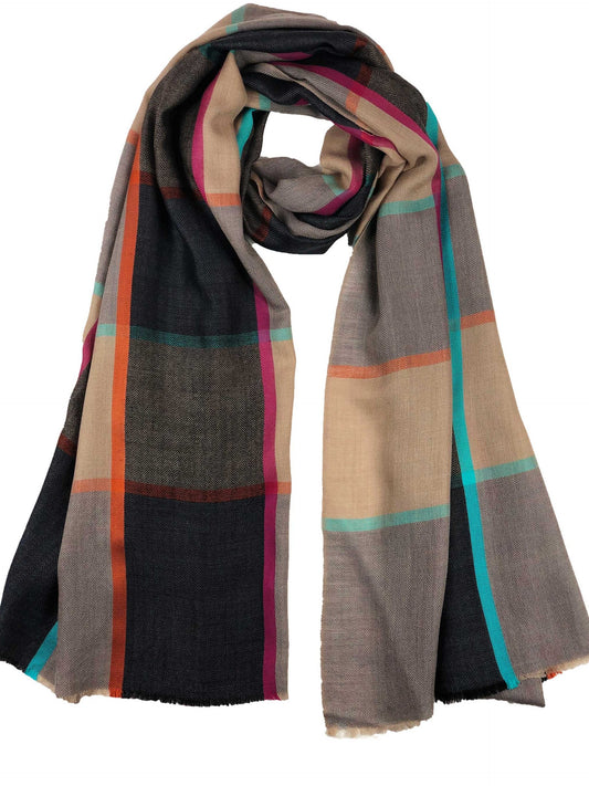 Blue and Beige Classic Wool & Silk Plaid Scarf