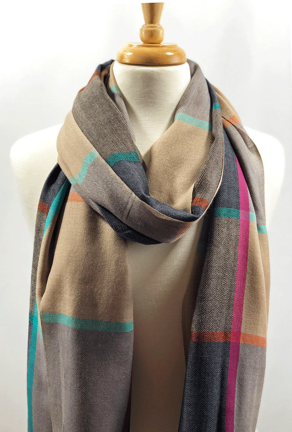 Blue and Beige Classic Wool & Silk Plaid Scarf