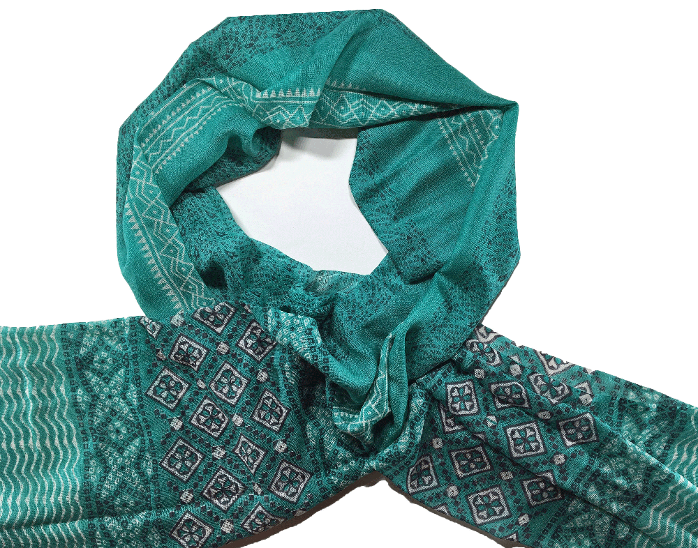 Green Hand Painted Wool And Silk Blend Scarf