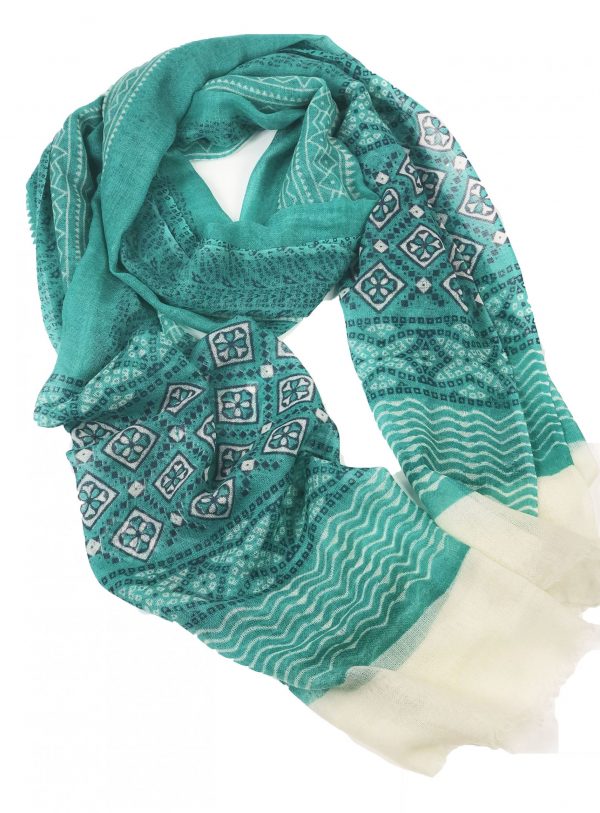 Green Hand Painted Wool And Silk Blend Scarf