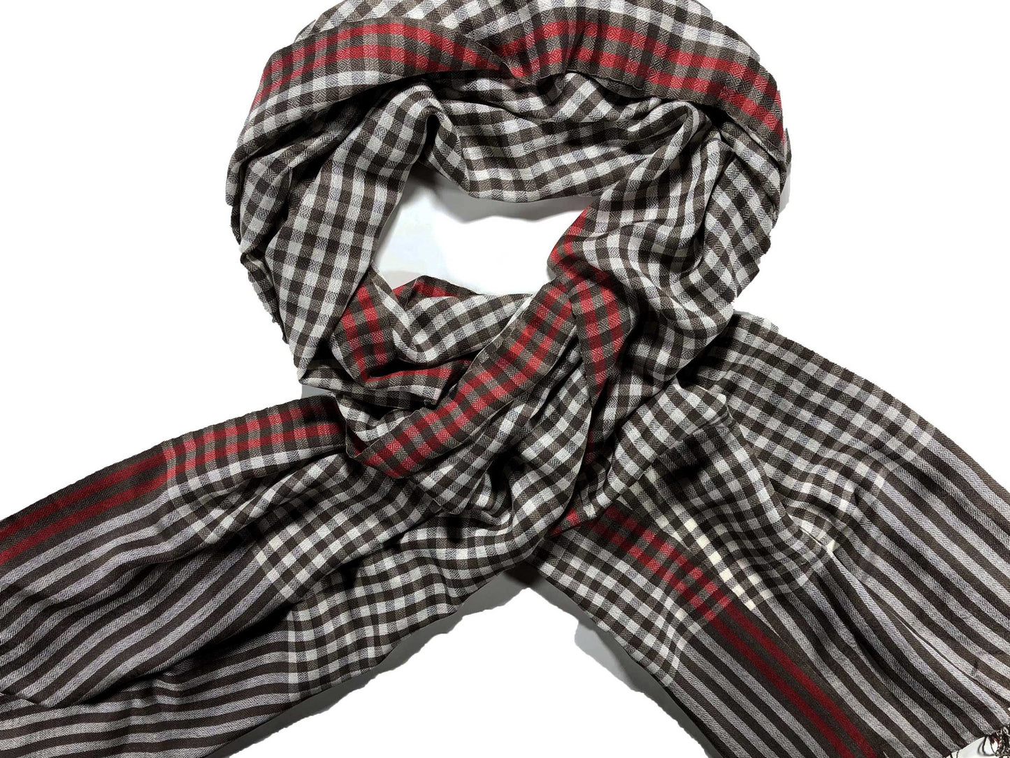 Hand Loomed Brown Wool And Silk Blend  Check Scarf
