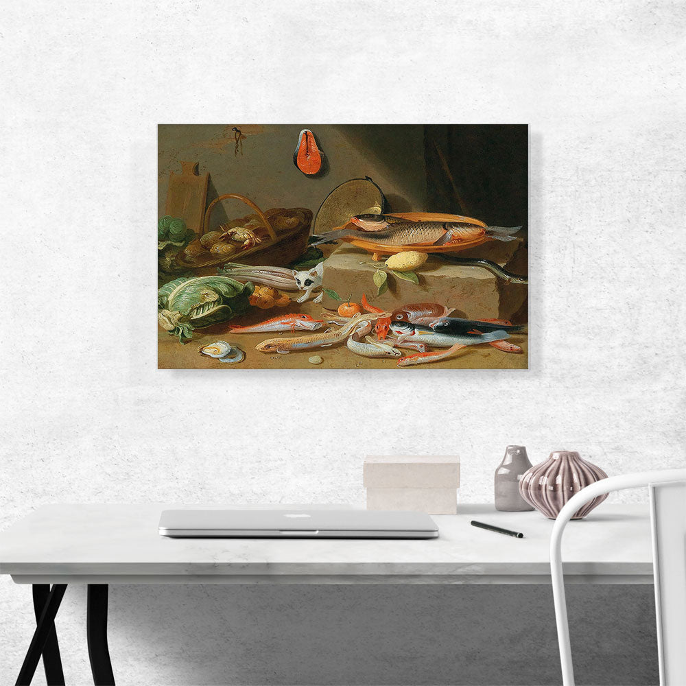 A Kitchen Still Life With Fish Vegetables And a Cat