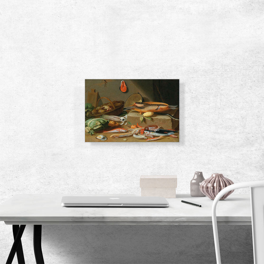 A Kitchen Still Life With Fish Vegetables And a Cat