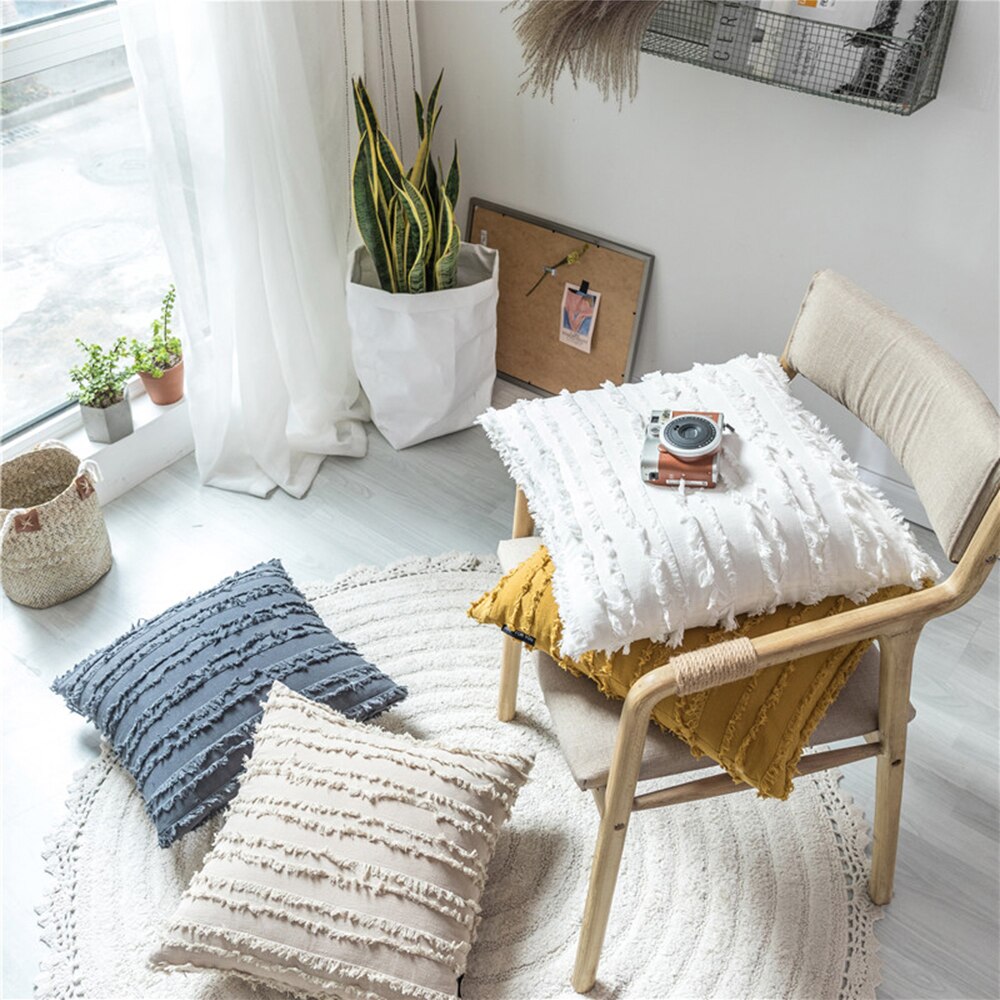 Yellow Grey Cotton Pillow Cover White Cushion