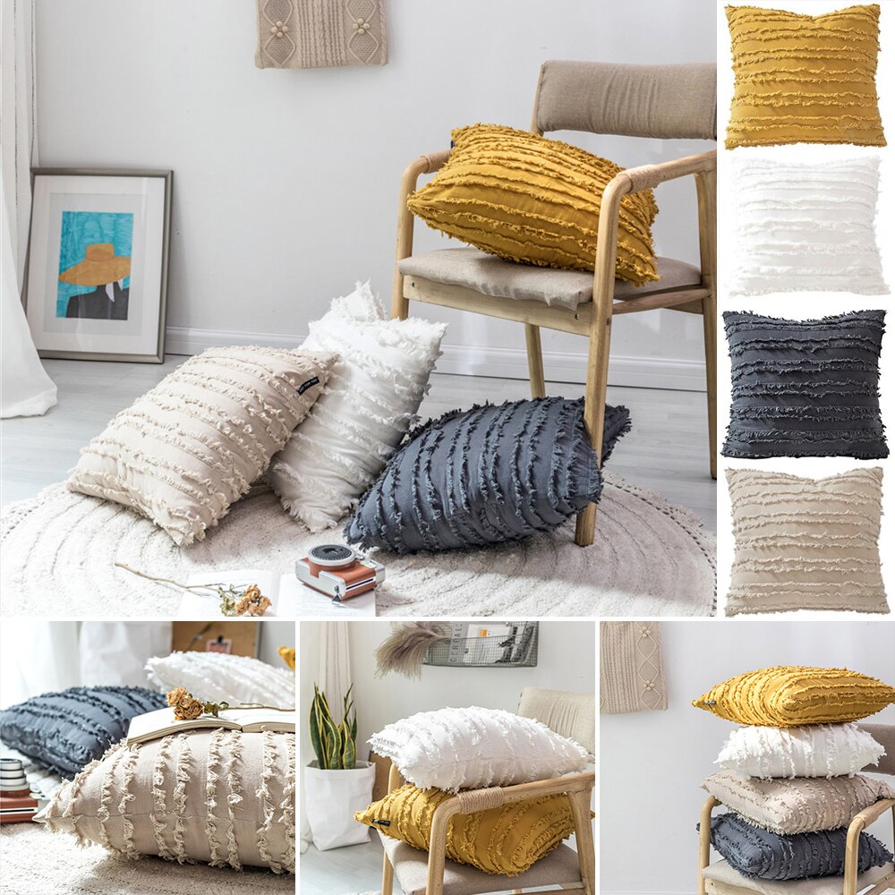 Yellow Grey Cotton Pillow Cover White Cushion