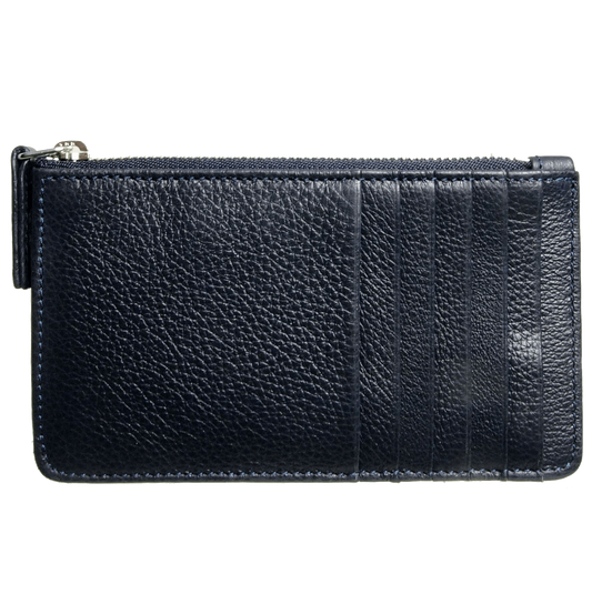5 Credit Card Pebbled Leather Card Wallet With Zip Blue