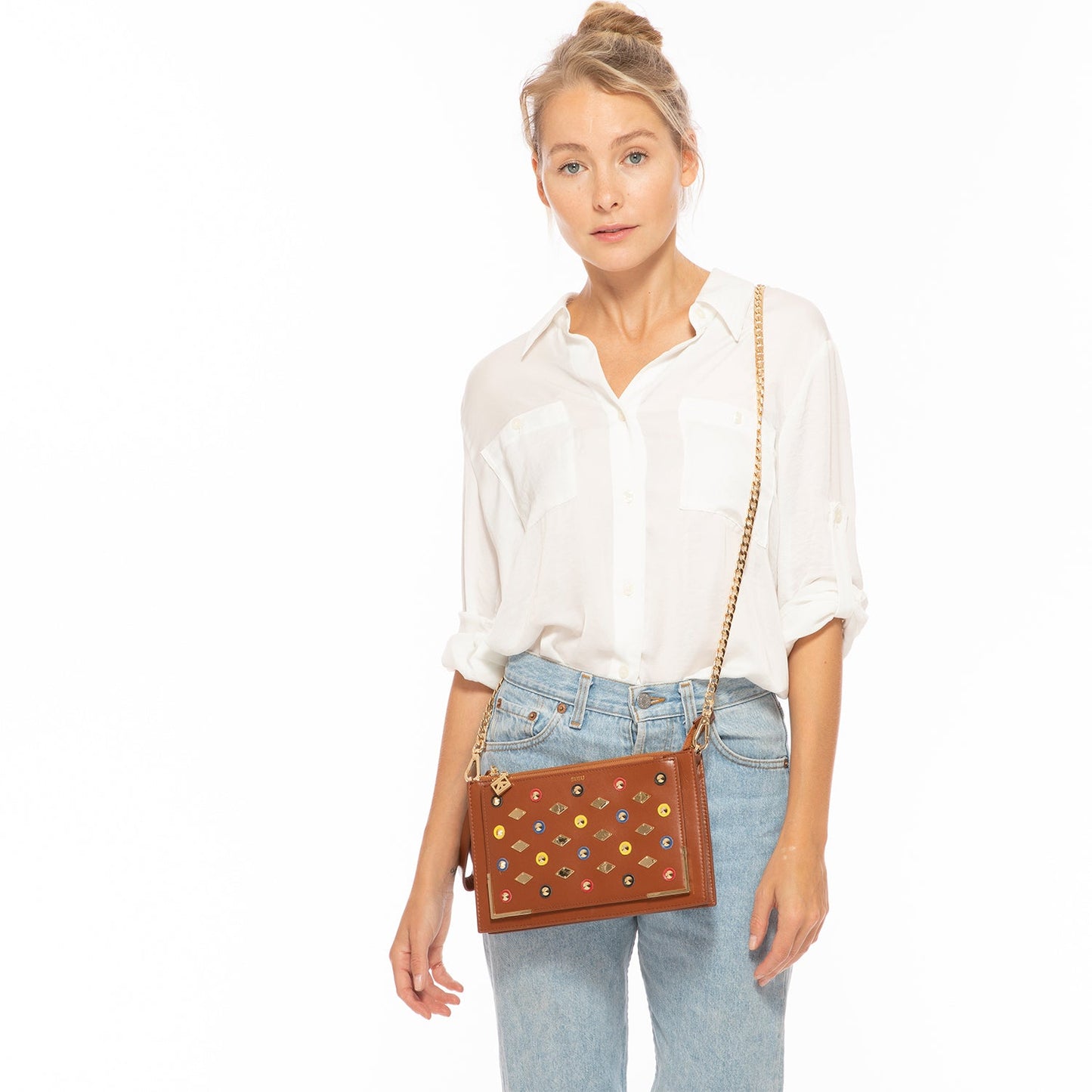 Studded Crossbody Brown Clutch