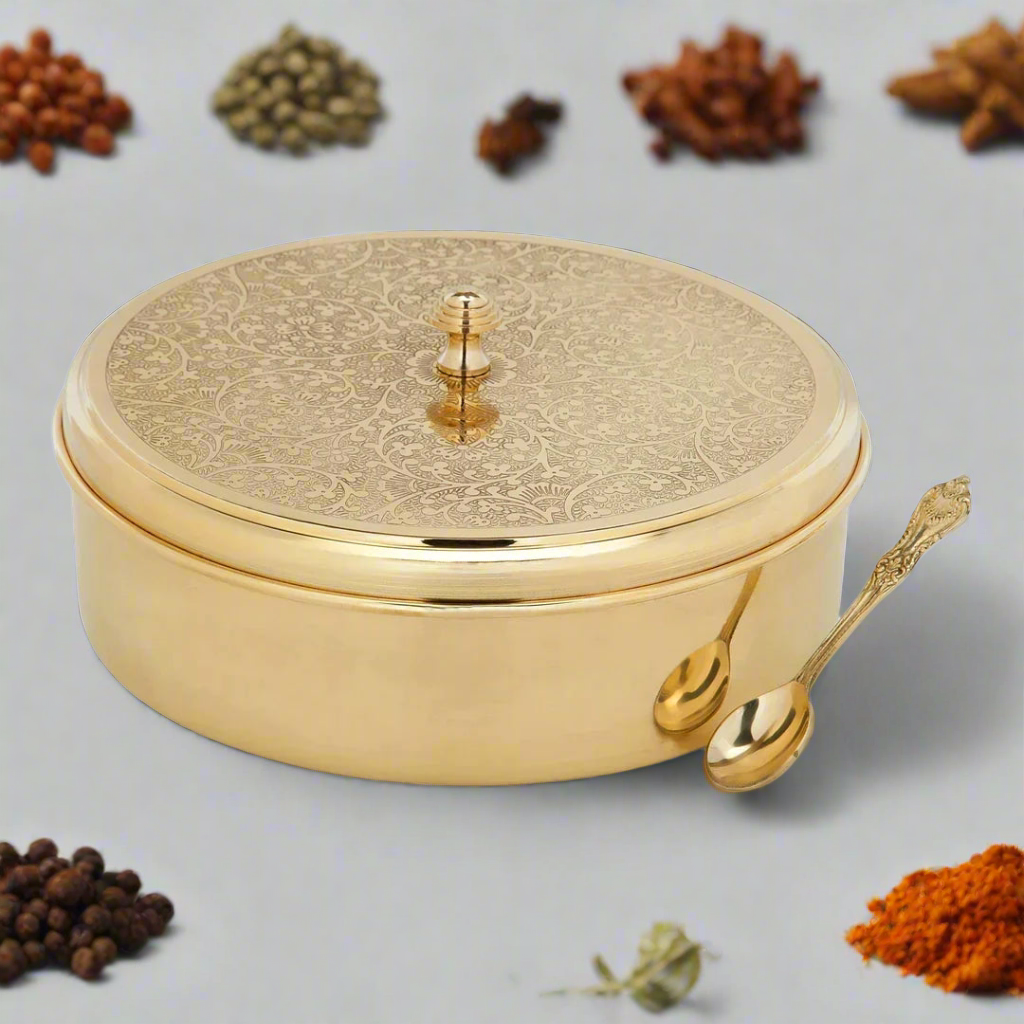 Handcrafted Antique Brass Masala Box Set for Kitchen with Spoon  (7